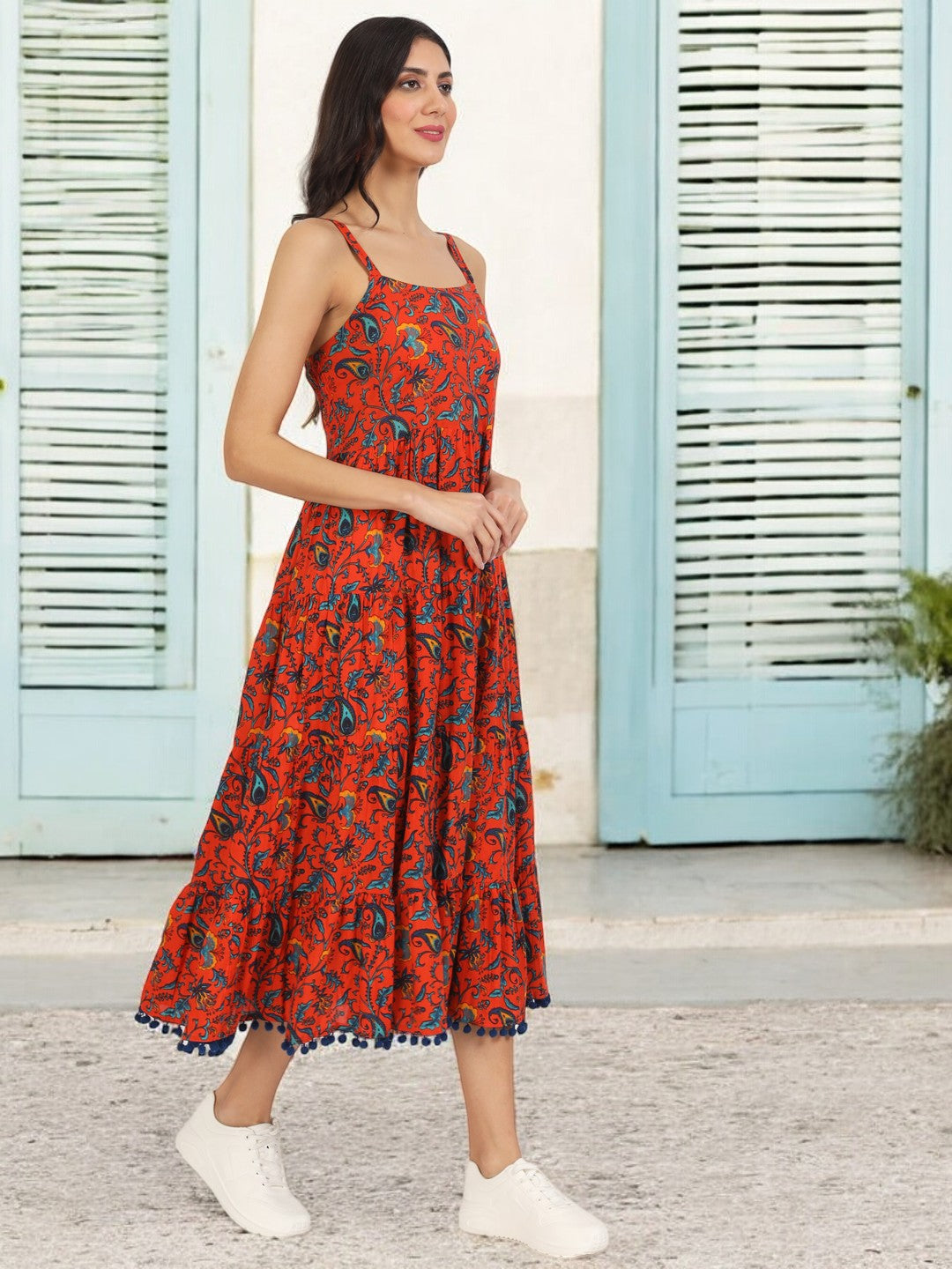 Red Floral Printed Cotton Dress