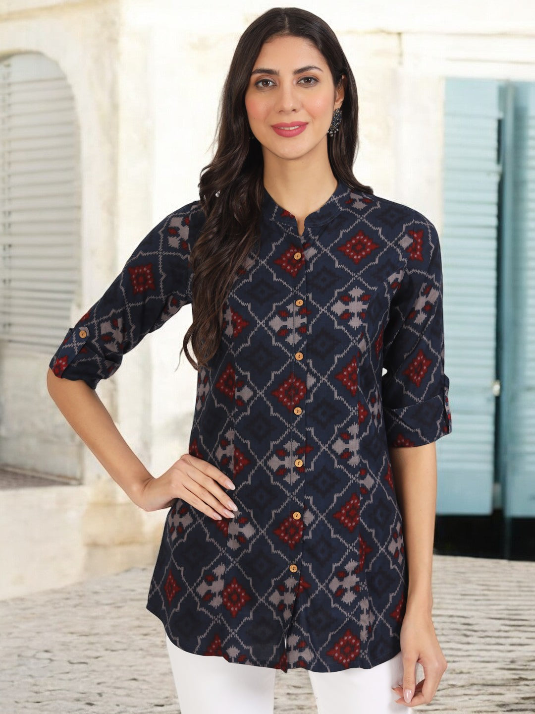 Blue Geometric Printed Rayon Top