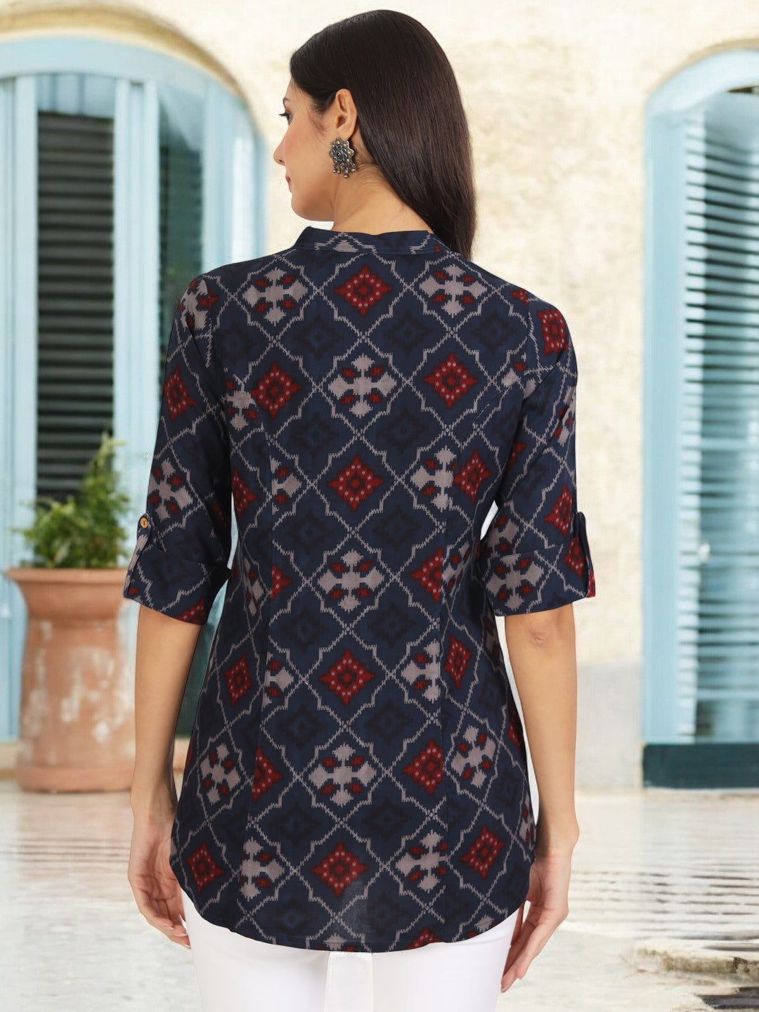 Blue Geometric Printed Rayon Top