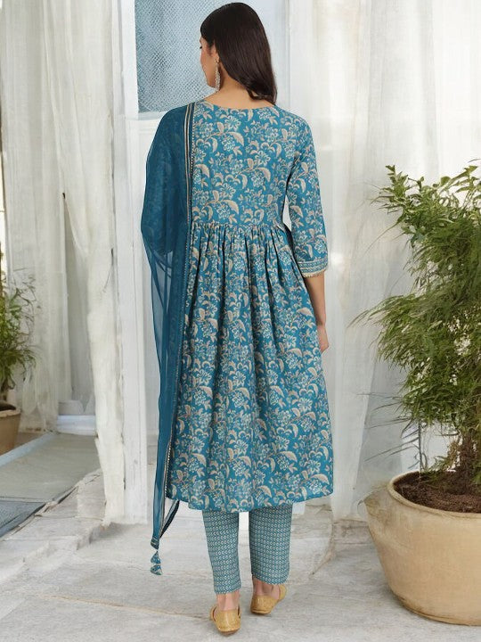 Teal Blue Floral Print Cotton Nyra Cut Kurta pants with Dupatta set