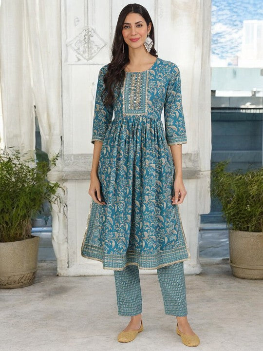 Teal Blue Floral Print Cotton Nyra Cut Kurta pants with Dupatta set