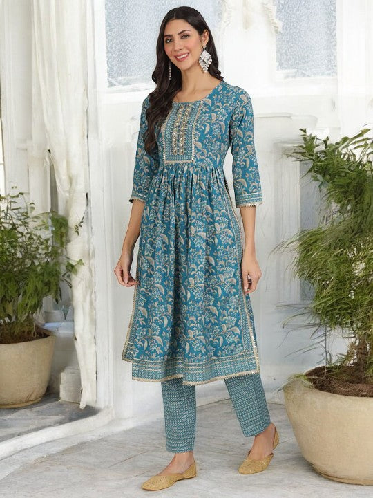 Teal Blue Floral Print Cotton Nyra Cut Kurta pants with Dupatta set