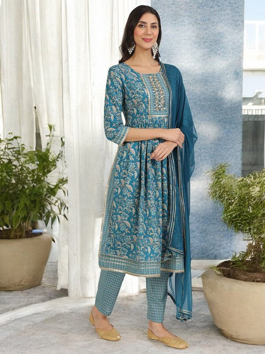 Teal Blue Floral Print Cotton Nyra Cut Kurta pants with Dupatta set