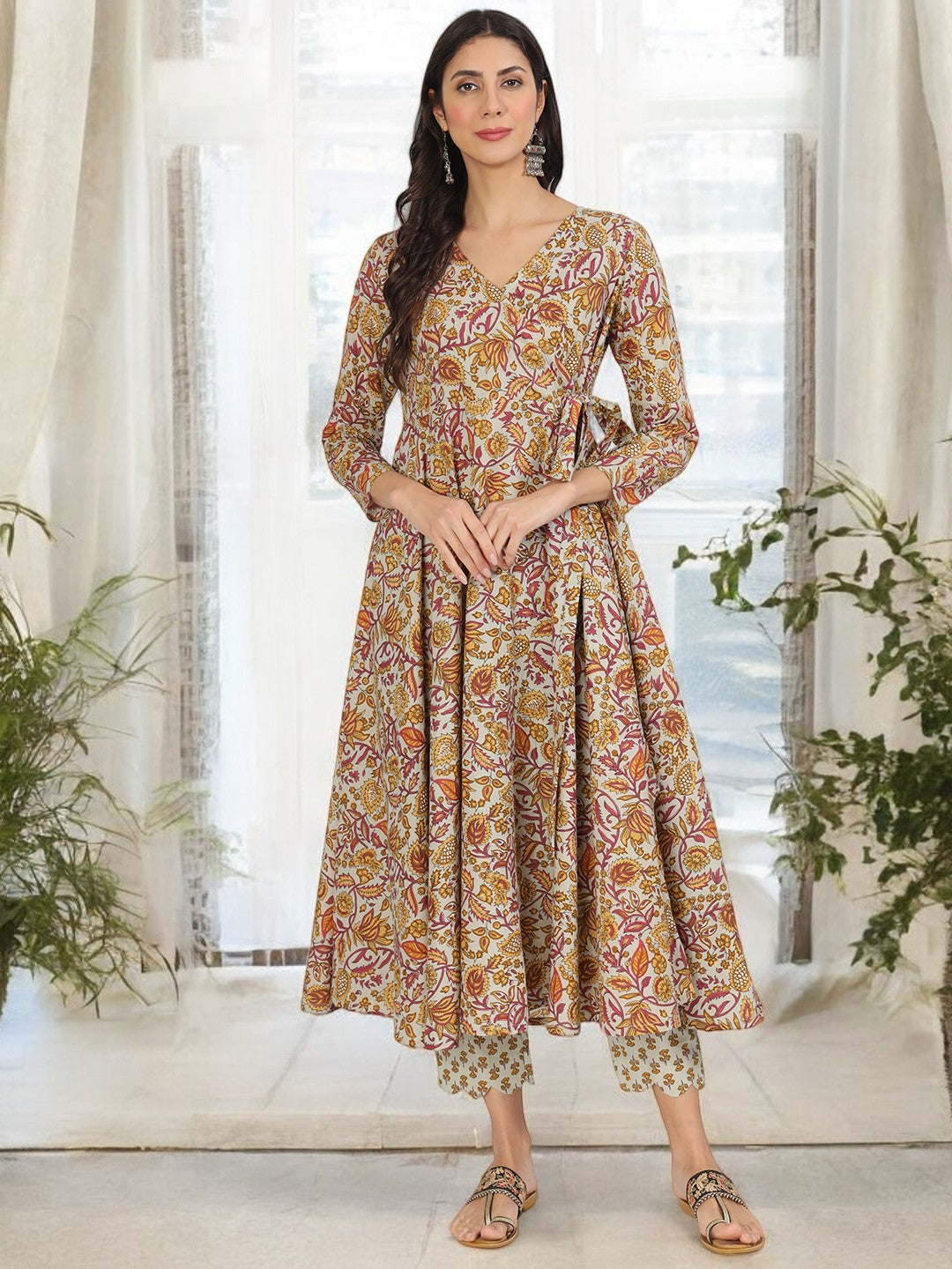 Brown Floral Print Cotton Angrakha Kurta Pants set