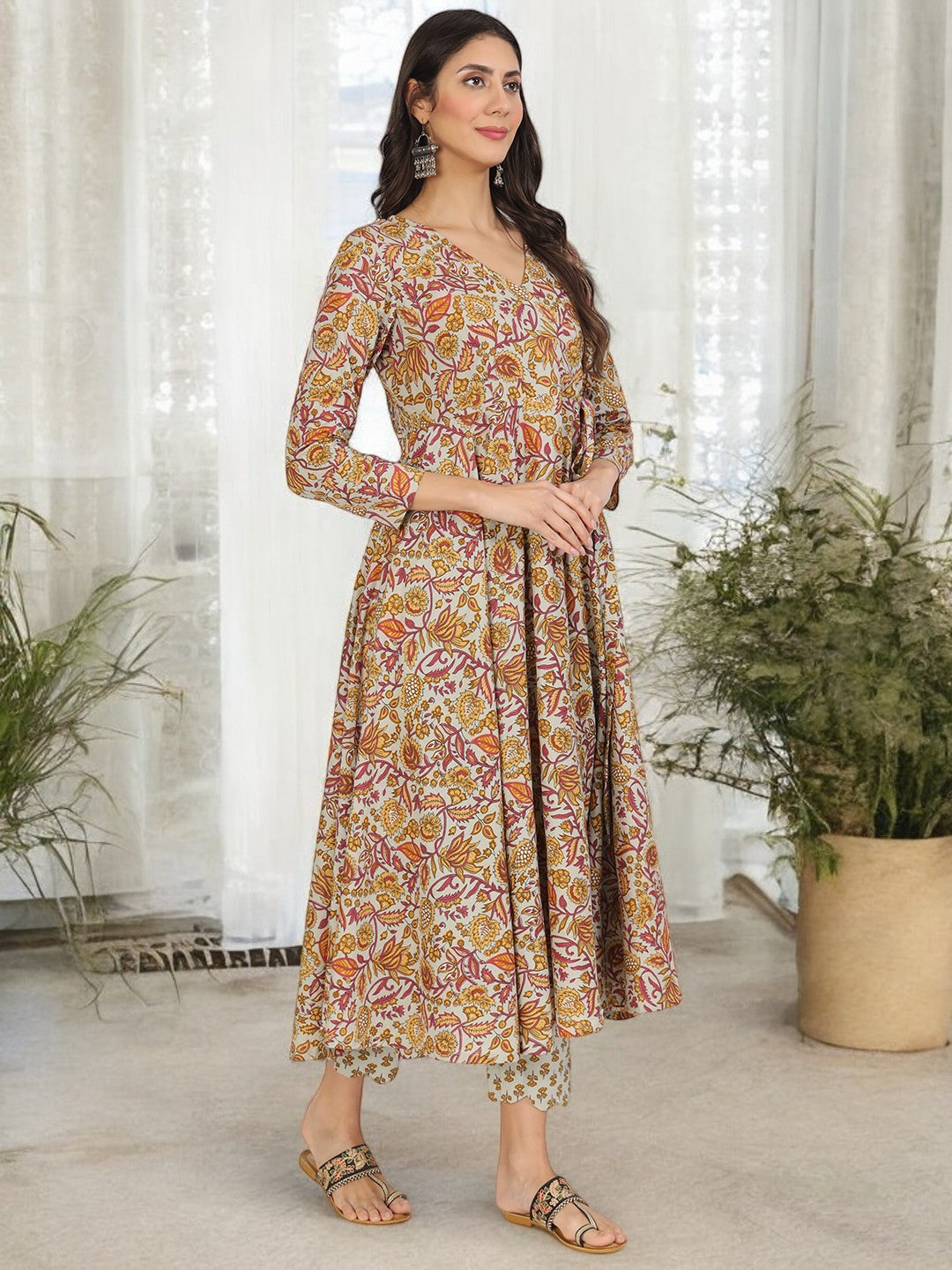 Brown Floral Print Cotton Angrakha Kurta Pants set