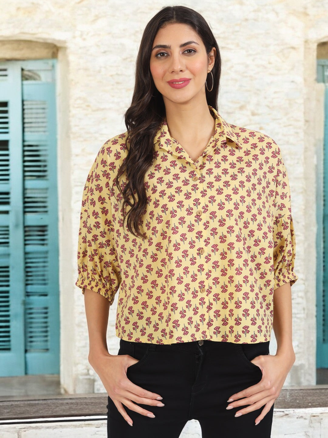 Beige Floral Printed Cotton Tops