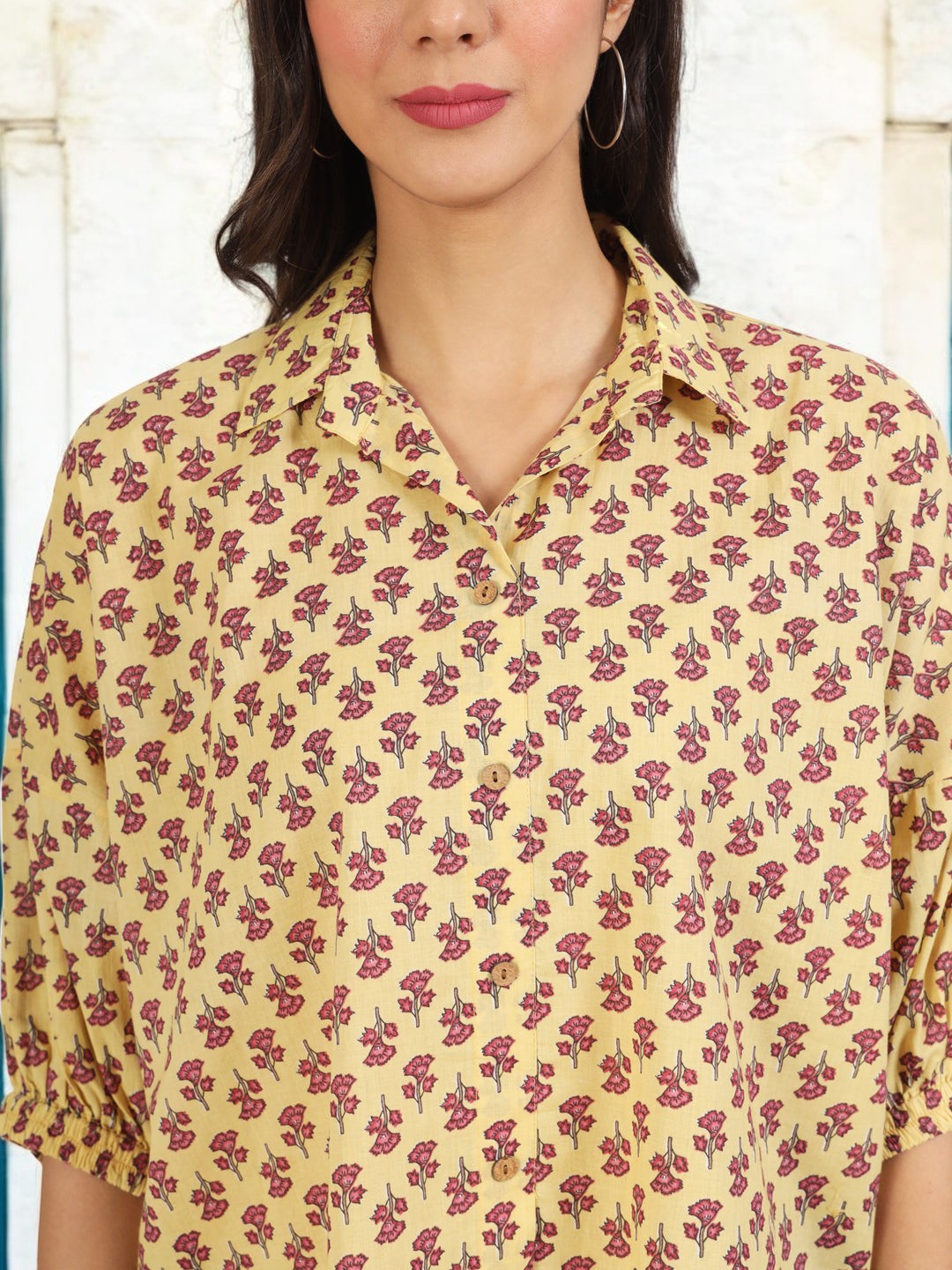 Beige Floral Printed Cotton Tops