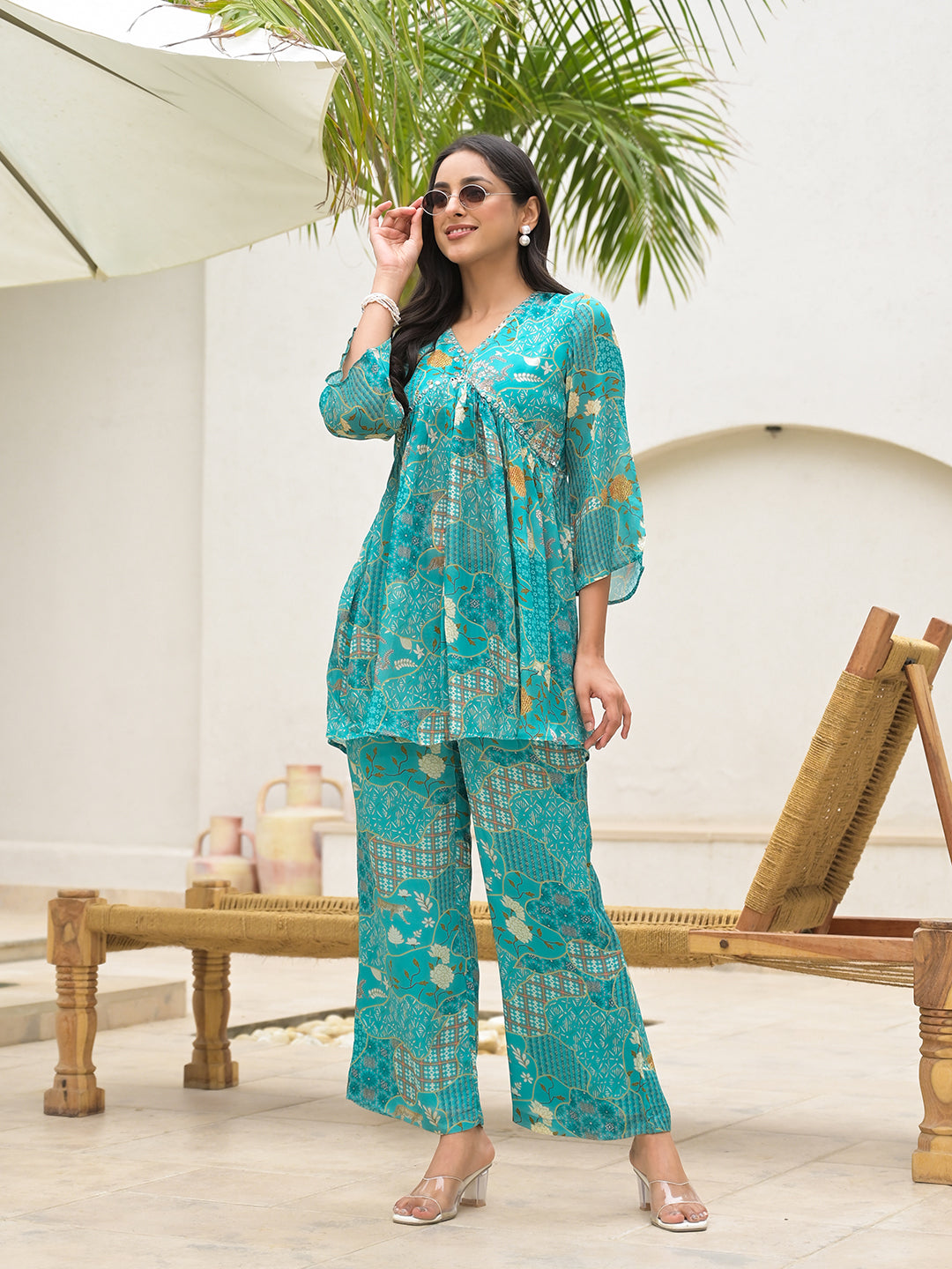 Turquoise Digital Print Muslin Co-ord set