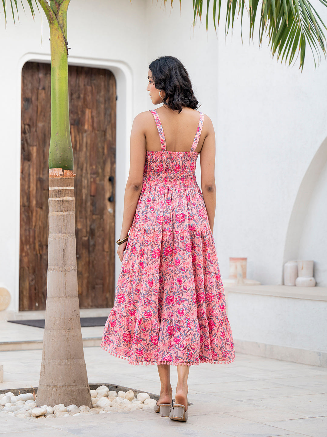 Pink Floral Printed Shoulder Strip Calf Long Ethnic Dress for Women