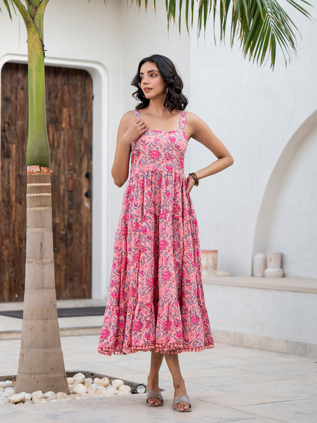 Pink Floral Printed Shoulder Strip Calf Long Ethnic Dress for Women