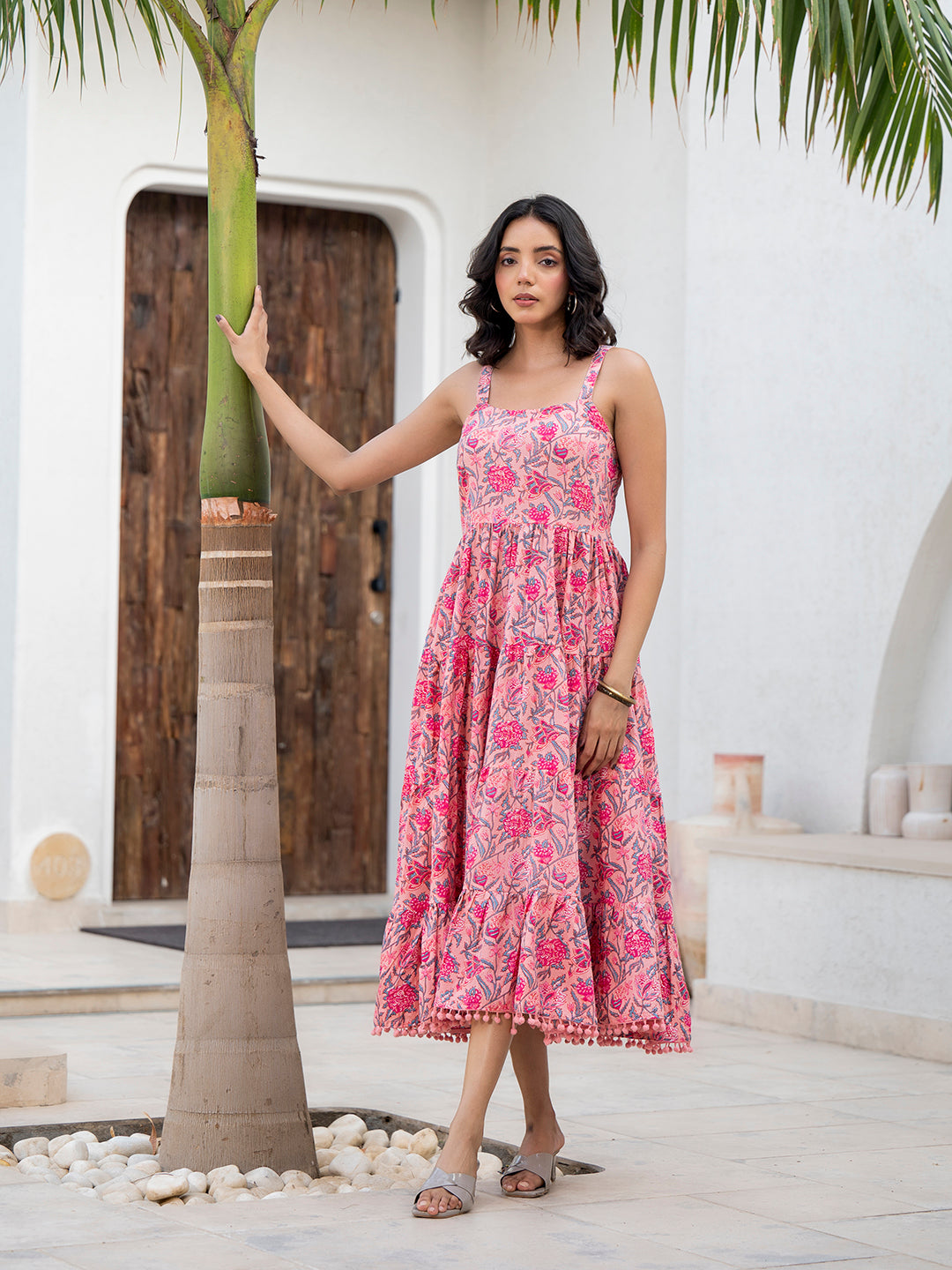 Pink Floral Printed Shoulder Strip Calf Long Ethnic Dress for Women