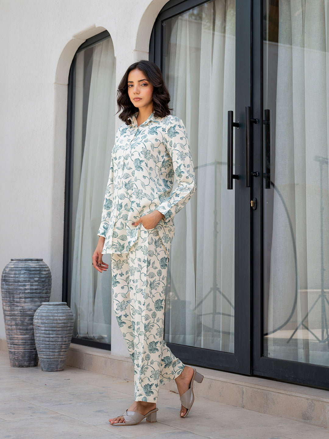 White & Green Floral Printed Rayon Co-ord Set