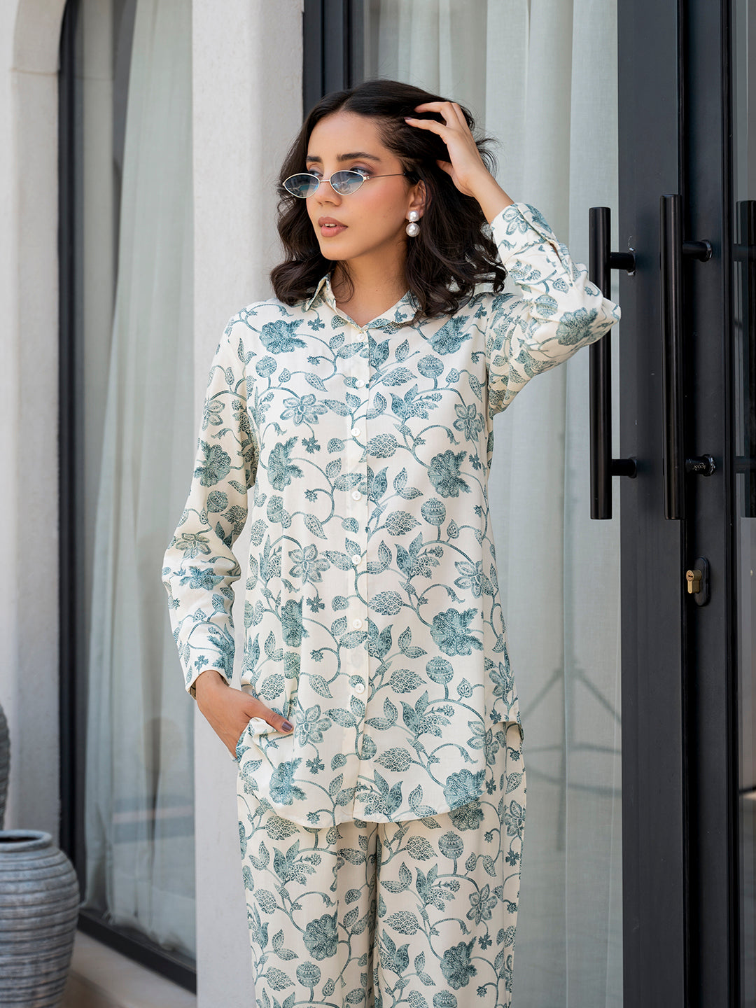 White & Green Floral Printed Rayon Co-ord Set