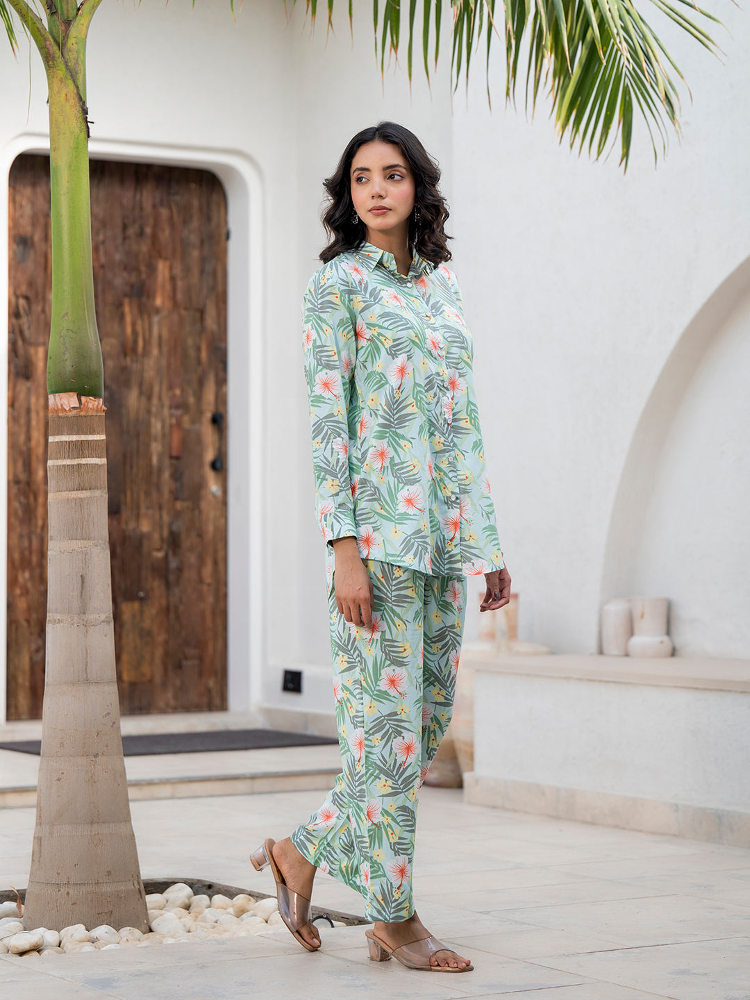 Sky Blue Floral Printed Rayon Co-ord Set