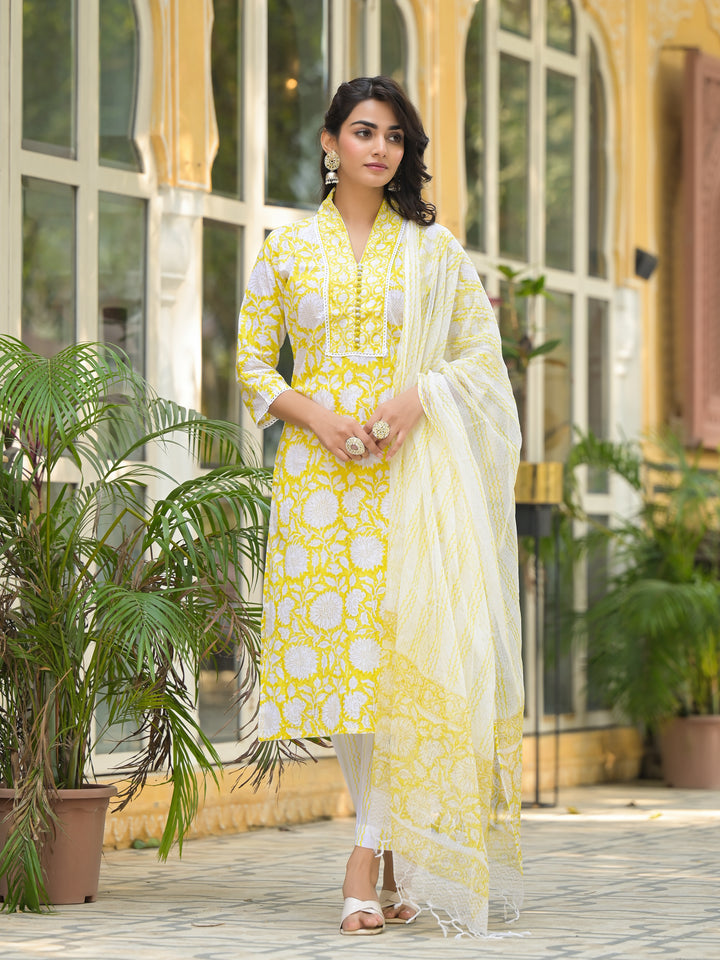 Yellow Hand Block Print Pure Cotton Straight Kurta Set