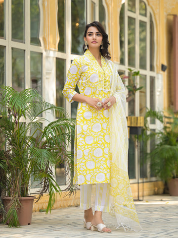 Yellow Hand Block Print Pure Cotton Straight Kurta Set