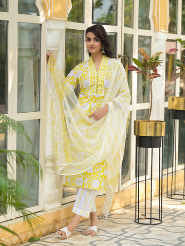 Yellow Hand Block Print Pure Cotton Straight Kurta Set