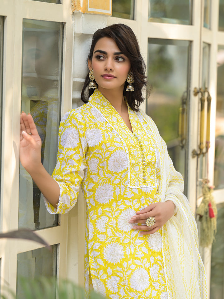 Yellow Hand Block Print Pure Cotton Straight Kurta Set