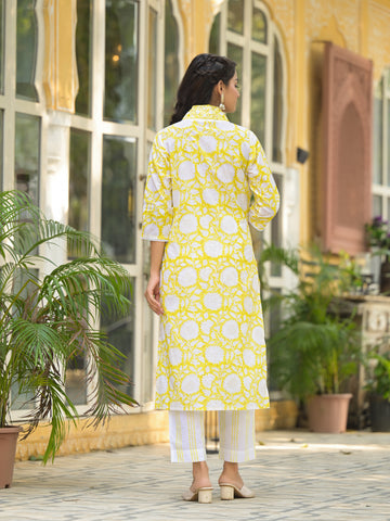 Yellow Hand Block Print Pure Cotton Straight Kurta Set