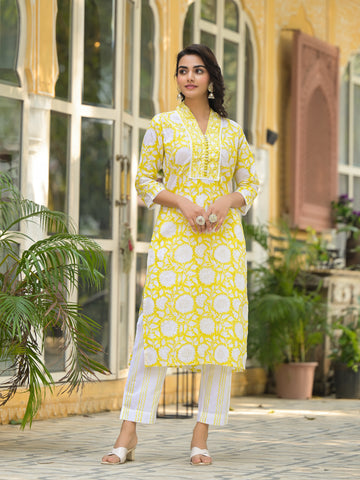 Yellow Hand Block Print Pure Cotton Straight Kurta Set