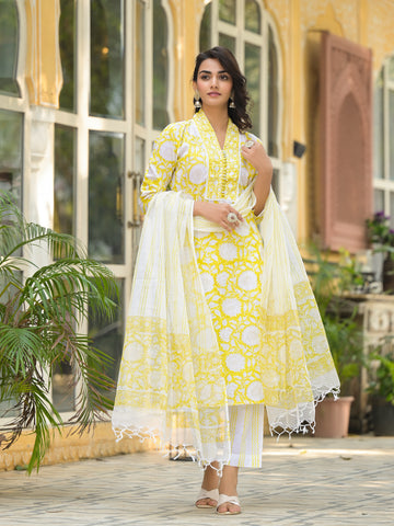 Yellow Hand Block Print Pure Cotton Straight Kurta Set