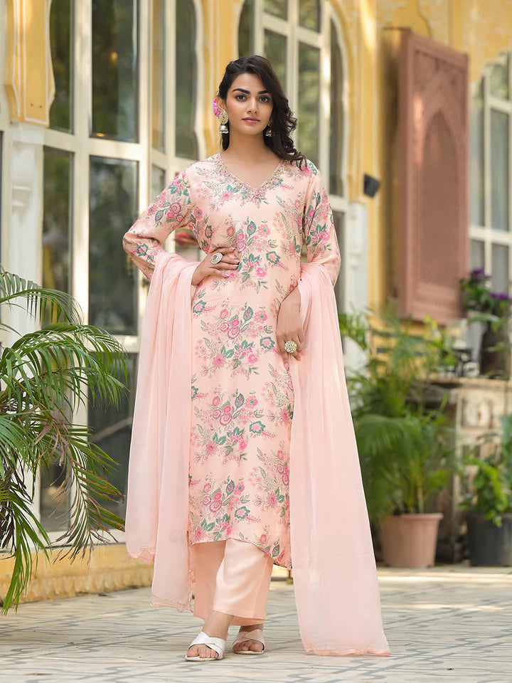 Peach Floral Print Muslin Straight Kurta Set