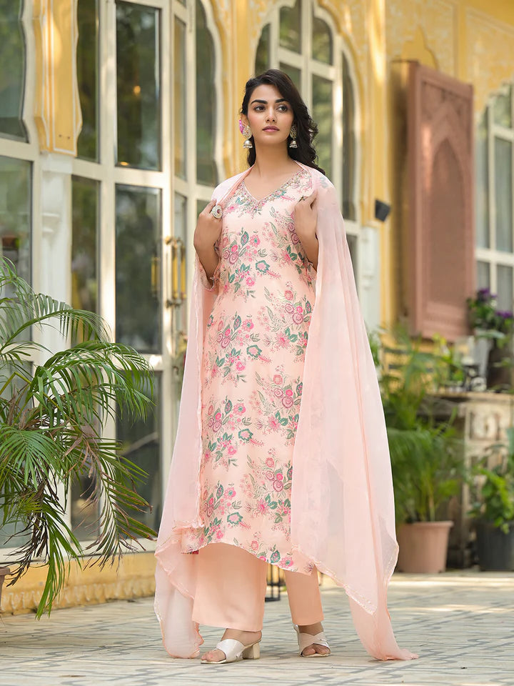 Peach Floral Print Muslin Straight Kurta Set