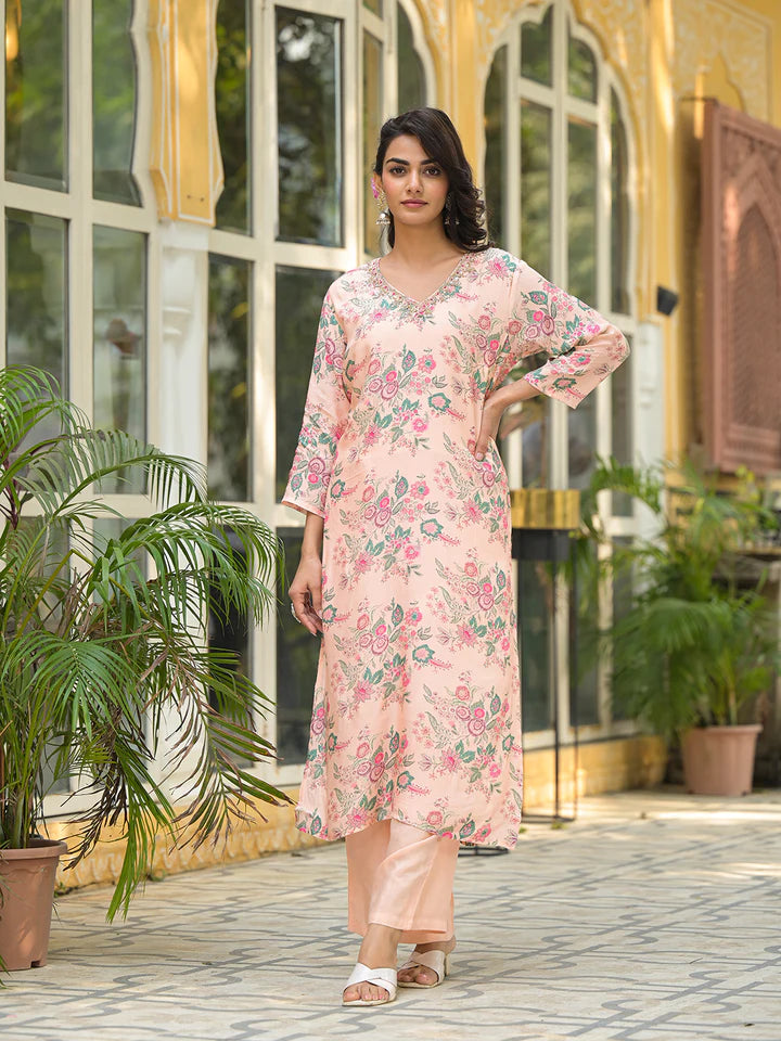 Peach Floral Print Muslin Straight Kurta Set