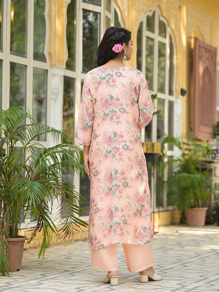 Peach Floral Print Muslin Straight Kurta Set