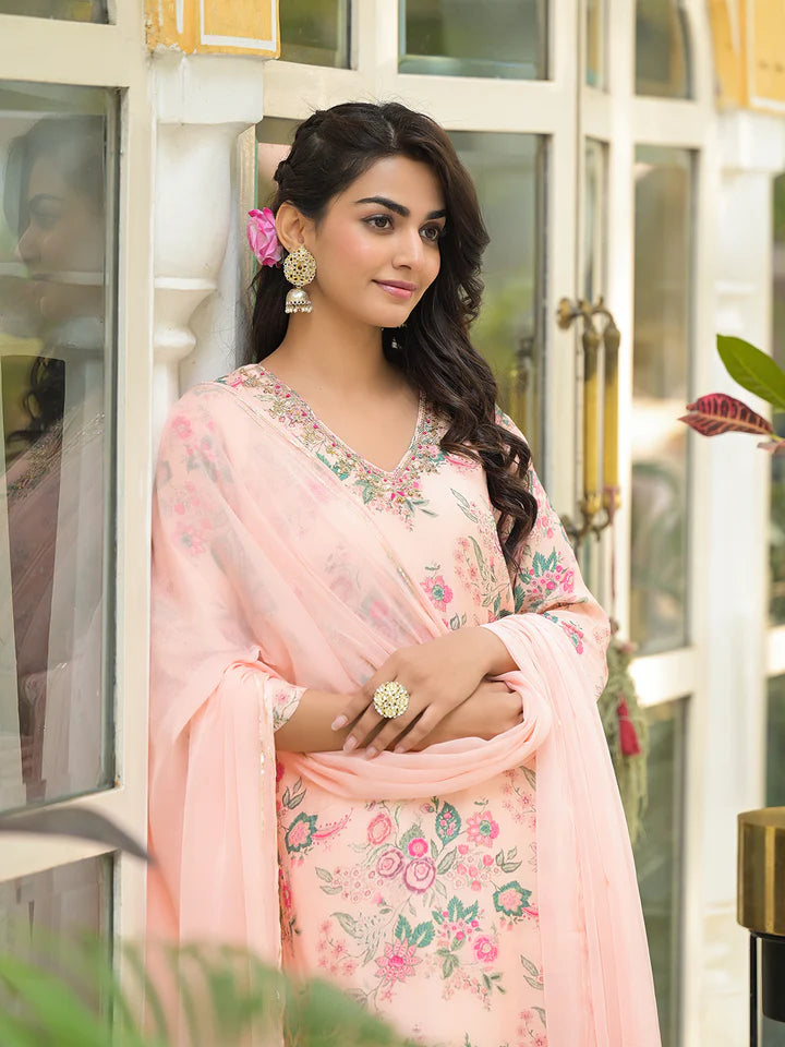 Peach Floral Print Muslin Straight Kurta Set