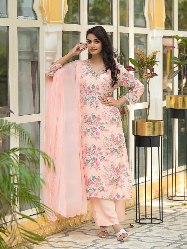 Peach Floral Print Muslin Straight Kurta Set