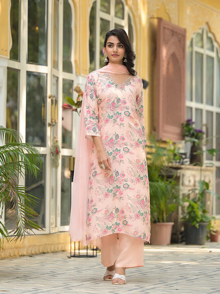 Peach Floral Print Muslin Straight Kurta Set