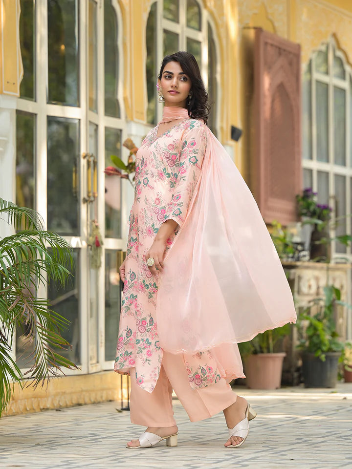 Peach Floral Print Muslin Straight Kurta Set