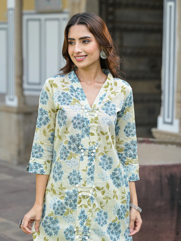 Green Floral Print Pure Cotton Straight Kurta with Trouser