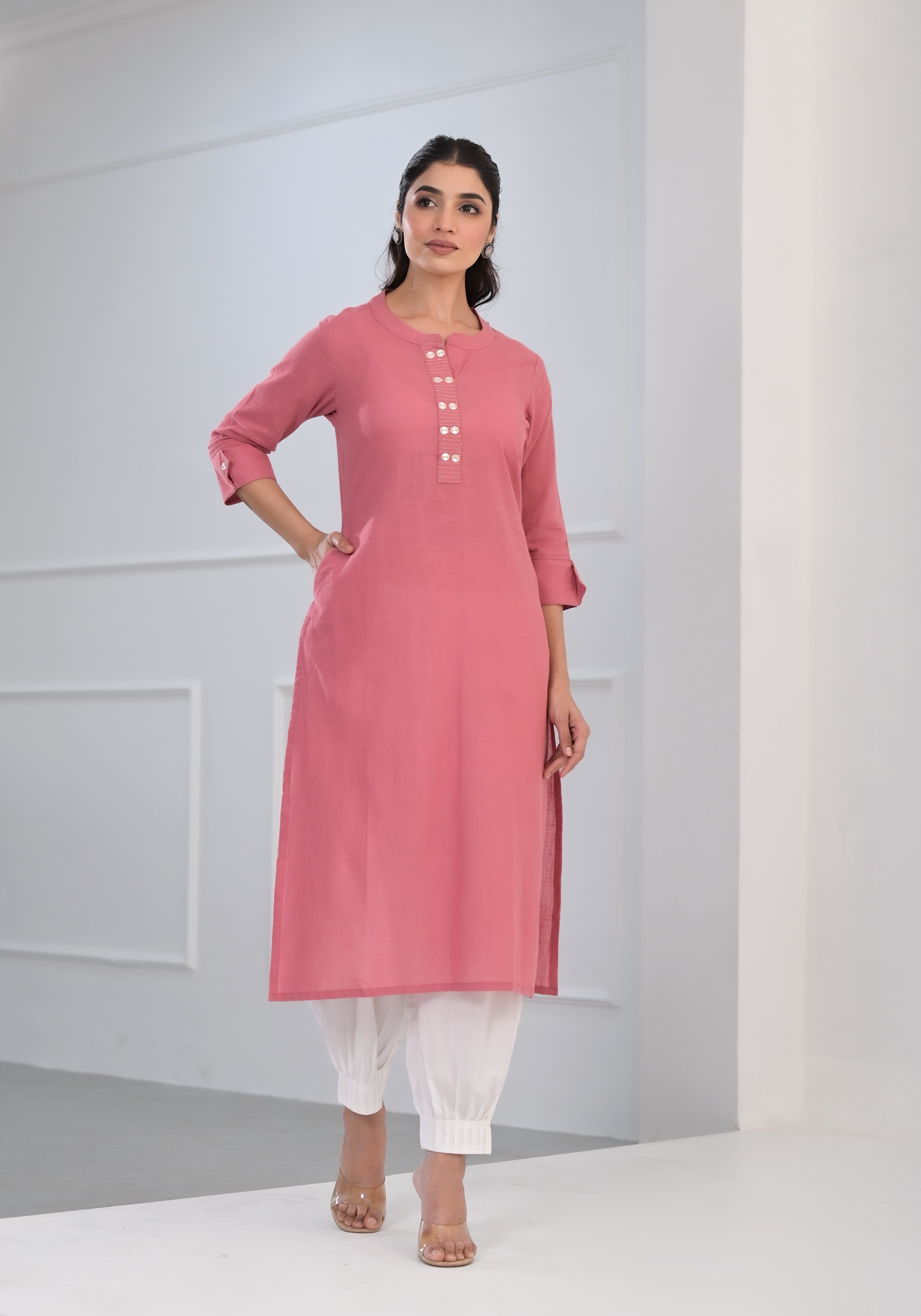 Pink Solid Cotton Kurta