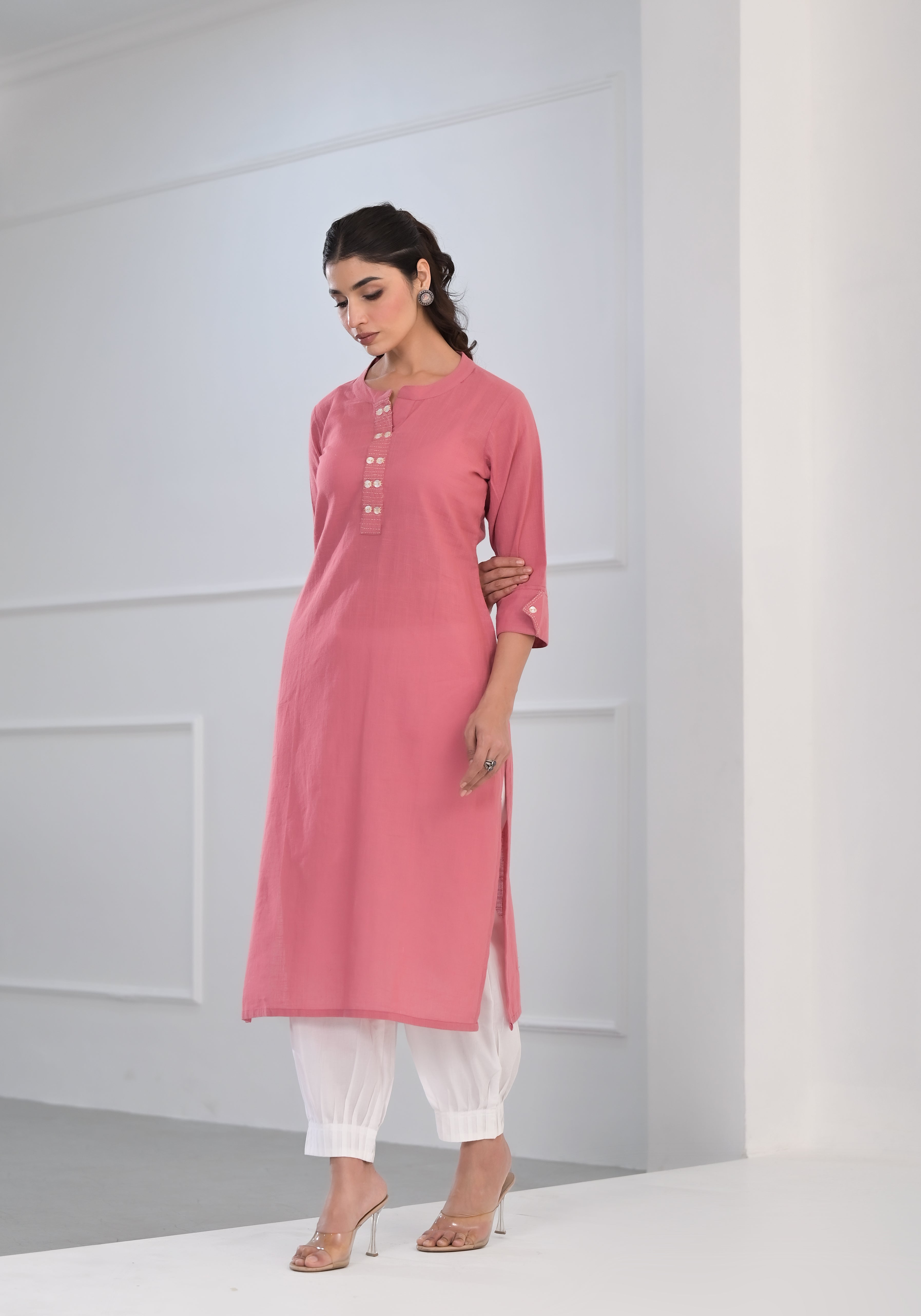 Pink Solid Cotton Kurta