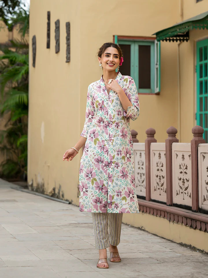 Lavender Floral Print Pure Cotton Straight Kurta with Trouser