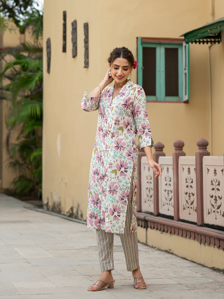 Lavender Floral Print Pure Cotton Straight Kurta with Trouser