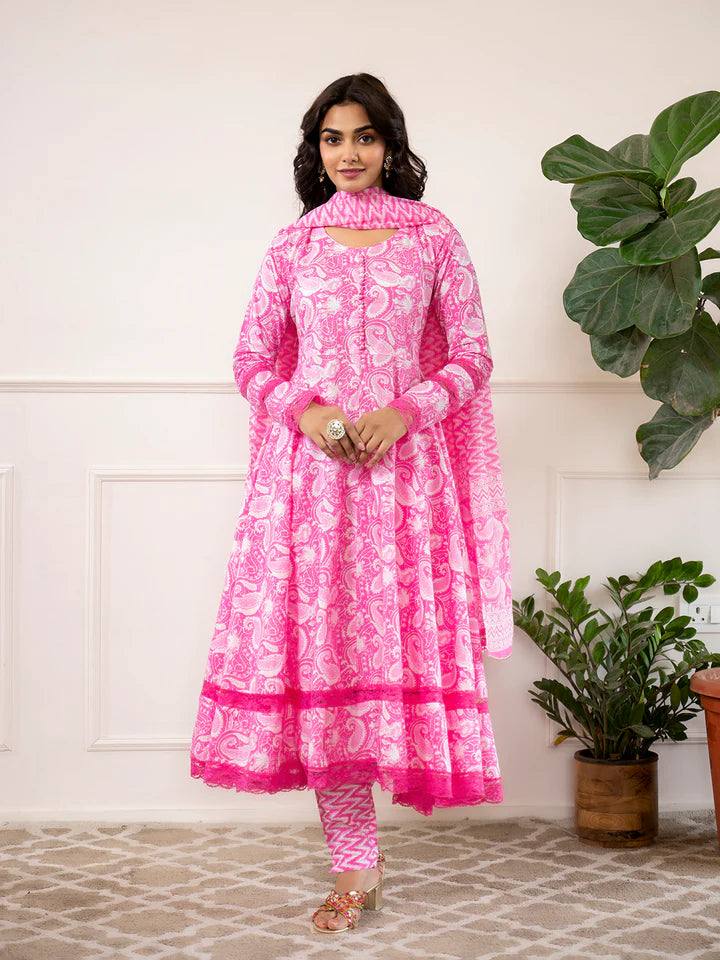 Pink Floral Print Cotton Anarkali Kurta Trouser with Dupatta Set