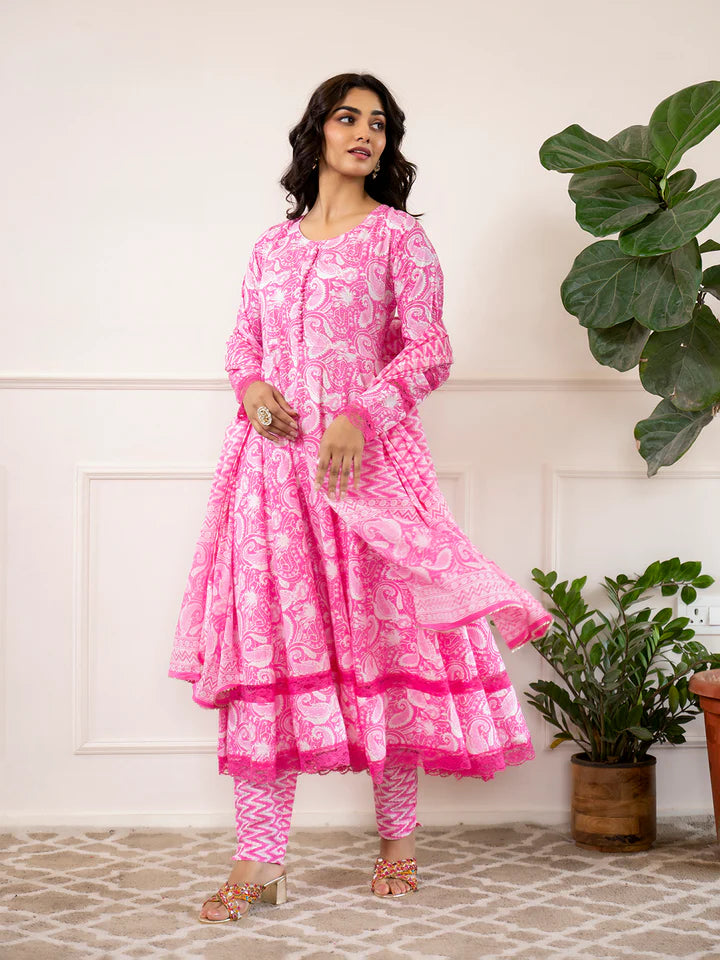 Pink Floral Print Cotton Anarkali Kurta Trouser with Dupatta Set