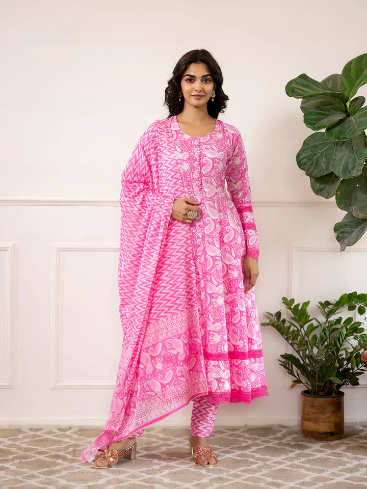 Pink Floral Print Cotton Anarkali Kurta Trouser with Dupatta Set