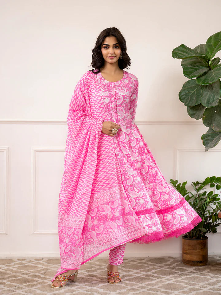 Pink Floral Print Cotton Anarkali Kurta Trouser with Dupatta Set