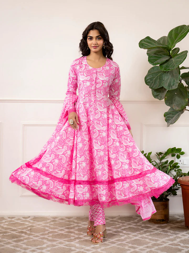 Pink Floral Print Cotton Anarkali Kurta Trouser with Dupatta Set