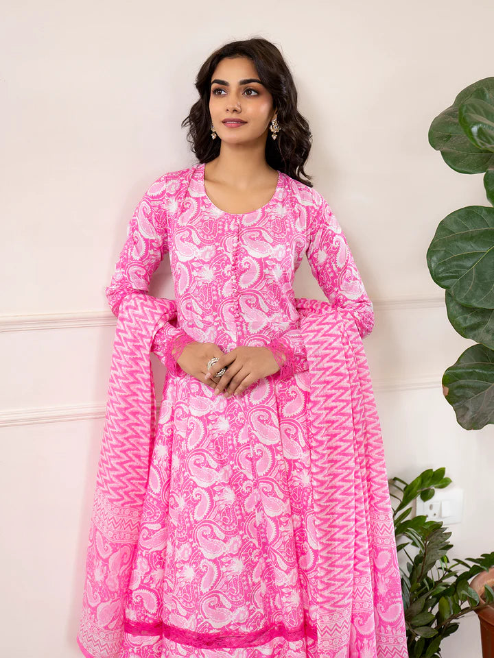 Pink Floral Print Cotton Anarkali Kurta Trouser with Dupatta Set