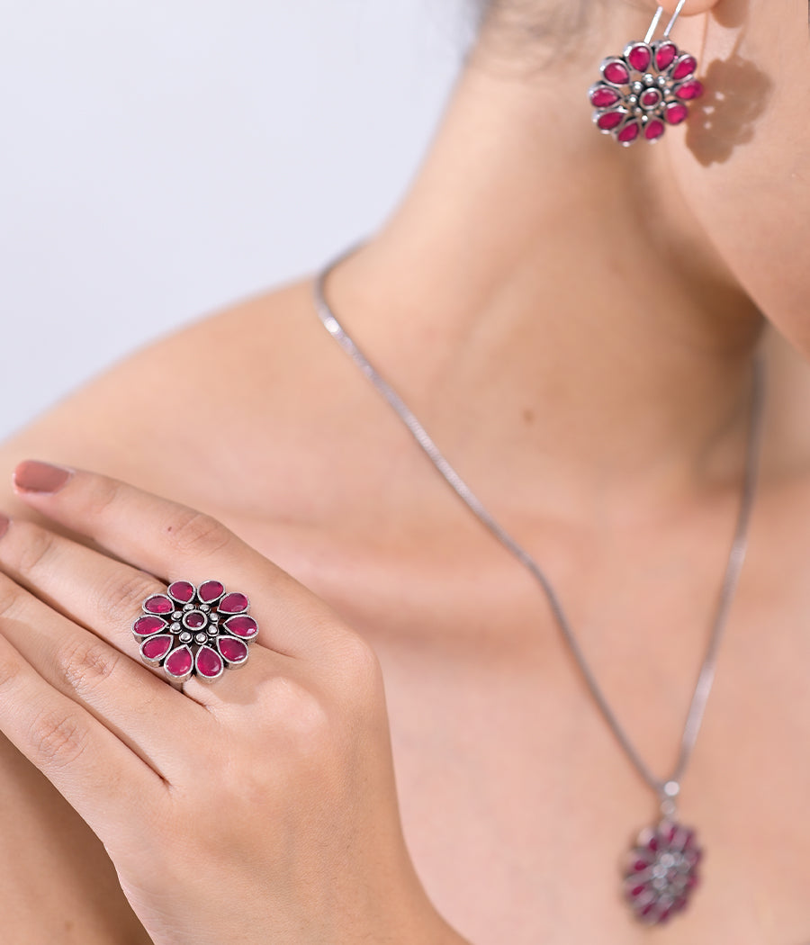 Ruby Blossom Pendant Set