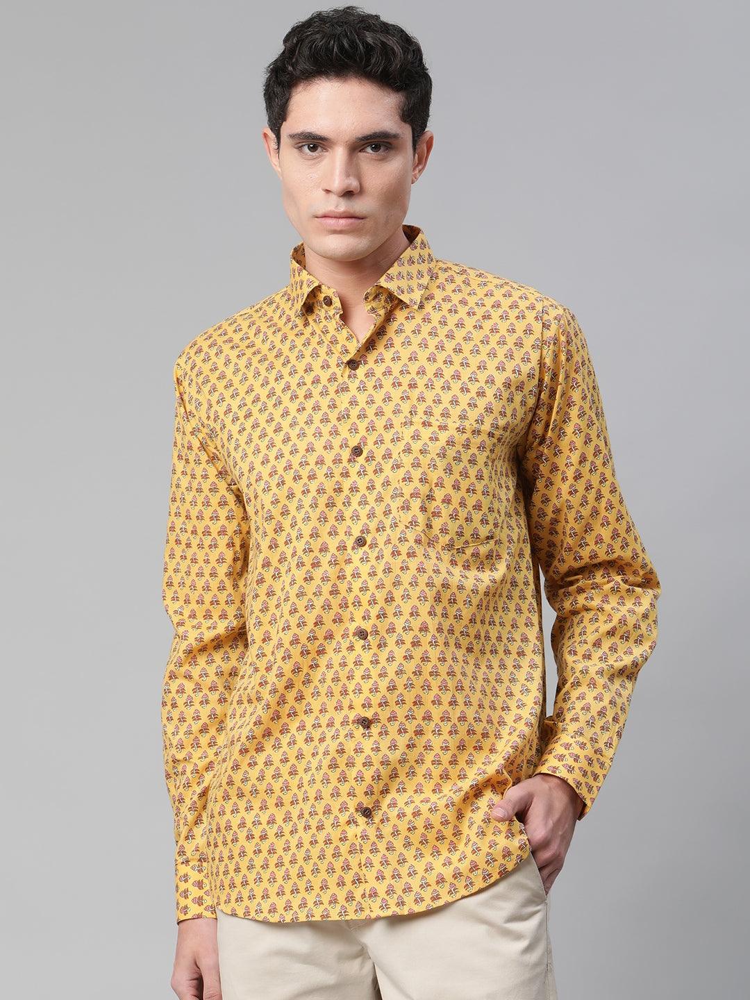 Yellow & Pink Cotton Full Sleeve Shirt for Men