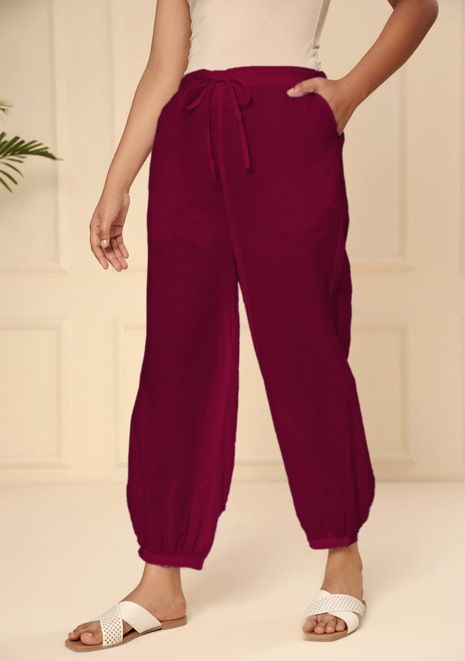 MAROON EMBROIDERED LACE CUFF PANT