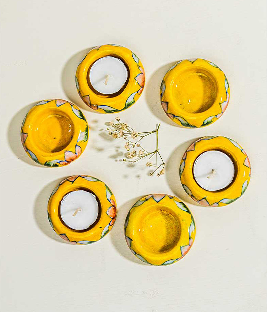 Blue Pottery Yellow Round Diya - Set of 6