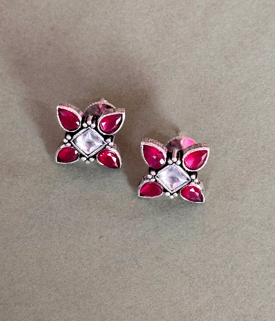 Snowy Ruby Petal Stud Earrings