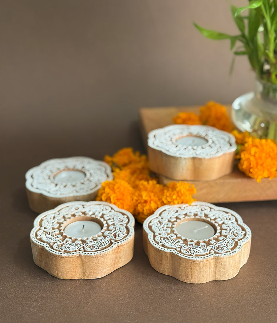 Enchanted Wooden Glow Diya - Set of 4